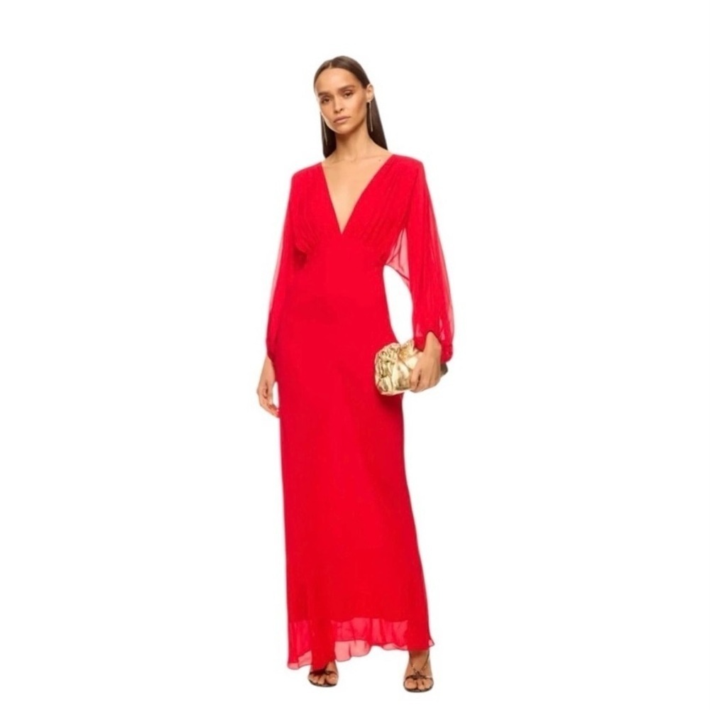 Shona Joy Amina Maxi Gown Plunge Neckline Long Sleeve in Red Chiffon Size 0